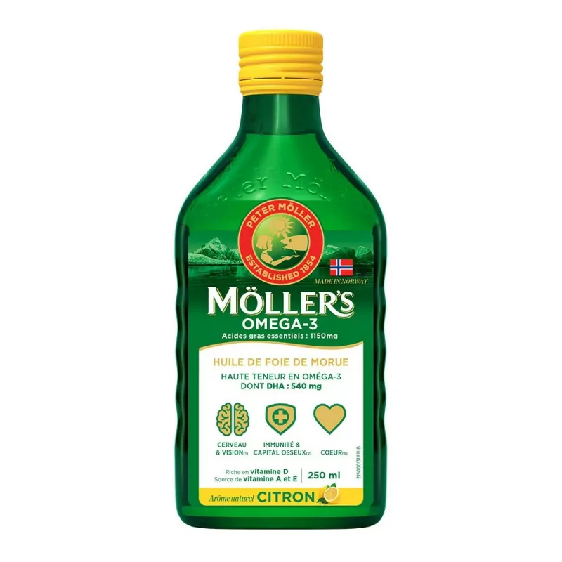 Moller's Omega-3 Huile de Foie de Morue Citron 250ml - Univers Pharmacie