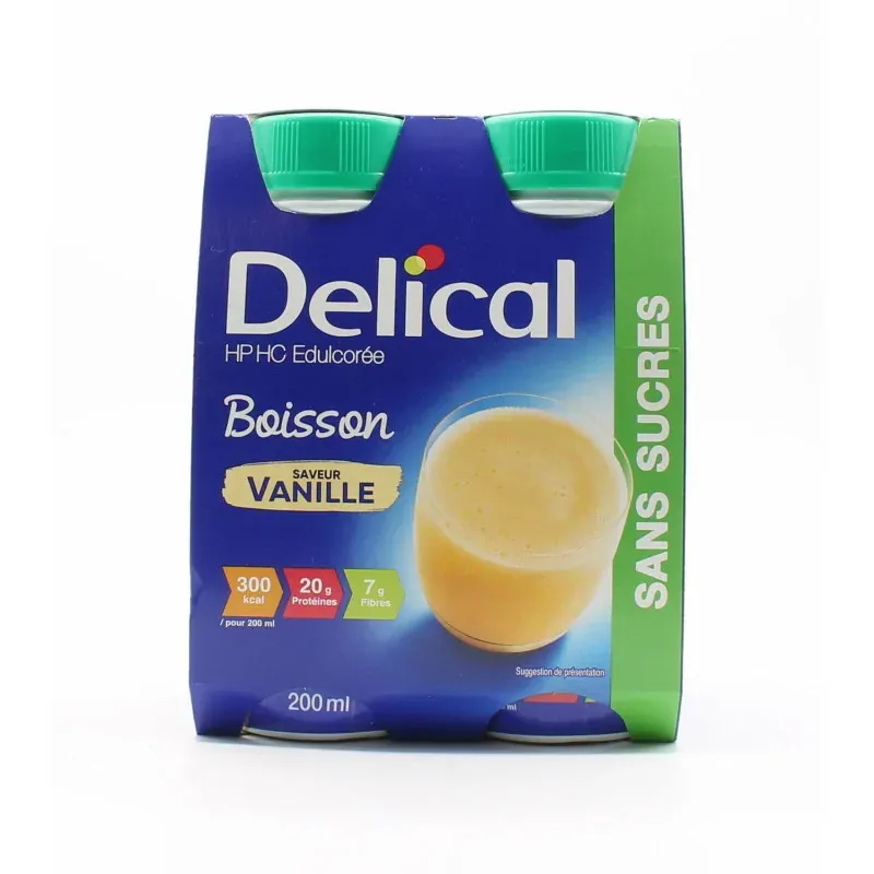 Delical HP HC Edulcorée Boisson Saveur Vanille sans sucres 4X200ml - Univers Pharmacie