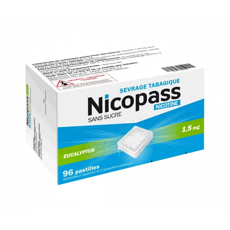 Nicopass 1,5 mg Eucalyptus sans sucre 96 pastilles - Univers Pharmacie Nicopass 1,5 mg Eucalyptus sans sucre 96 pastilles - Univers Pharmacie