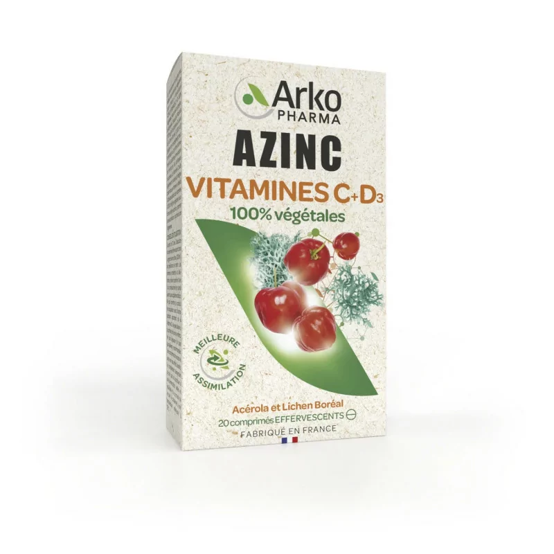 Arkopharma Azinc Vitamines C + D3 100% végétales 20 comprimés effervescents