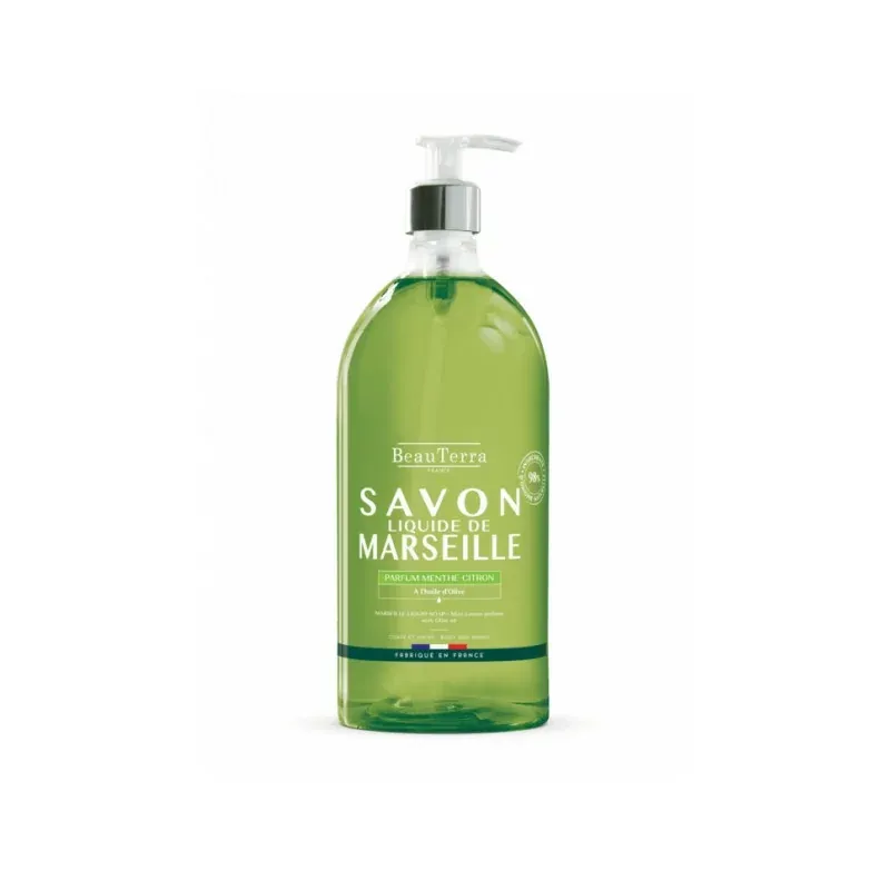 BeauTerra Savon Liquide de Marseille Menthe Citron 1L