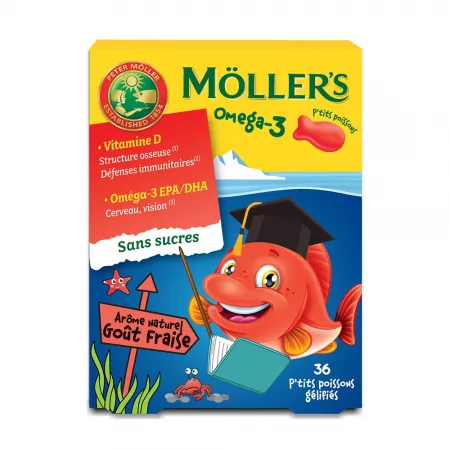 Moller's Omega-3 sans sucres Goût Fraise 36 p'tits poissons gélifiés - Univers Pharmacie