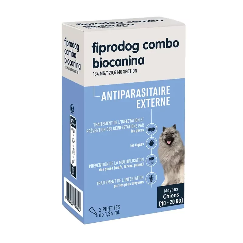 Biocanina Fiprodog Combo 134mg/120,6mg Spot-on Moyens Chiens 1,34ml X3 pipettes - Univers Pharmacie