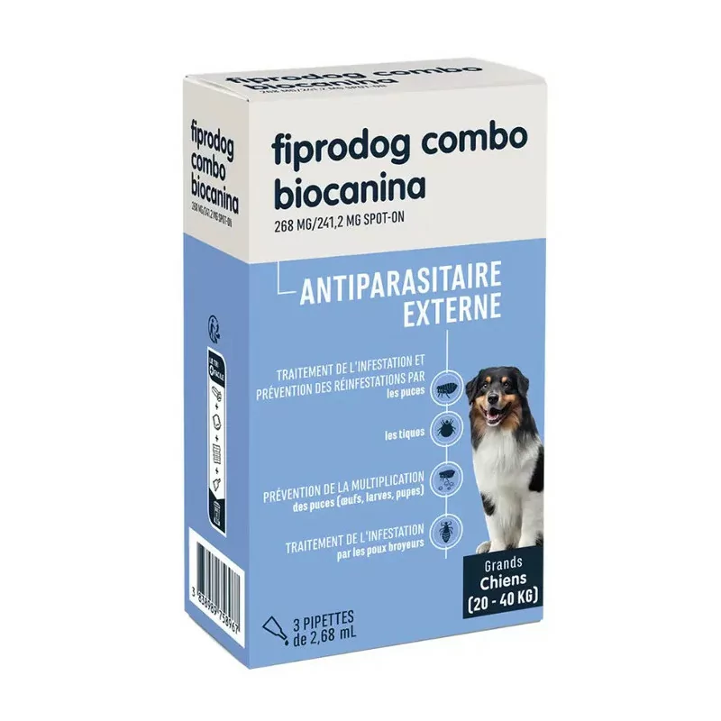 Biocanina Fiprodog Combo 268mg/241,2mg Spot-on Grand Chien 0,67ml X3 pipettes - Univers Pharmacie