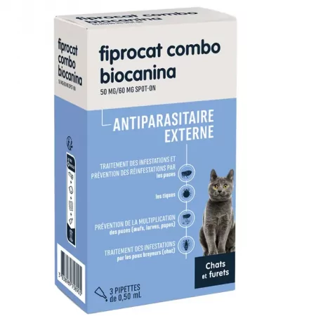 Biocanina Fiprocat Combo 50mg/60mg Spot-on Chats et Furets 0,50ml X3 pipettes - Univers Pharmacie