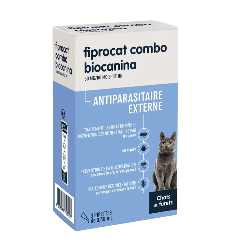 Biocanina Fiprocat Combo 50mg/60mg Spot-on Chats et Furets 0,50ml X3 pipettes - Univers Pharmacie