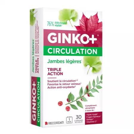 Ginko+ Circulation Jambes Légères Triple Action 30 comprimés - Univers Pharmacie