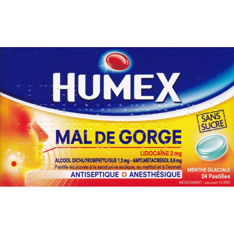 Humex Mal de Gorge Lidocaïne 2mg Menthe Glaciale 24 pastilles - Univers Pharmacie