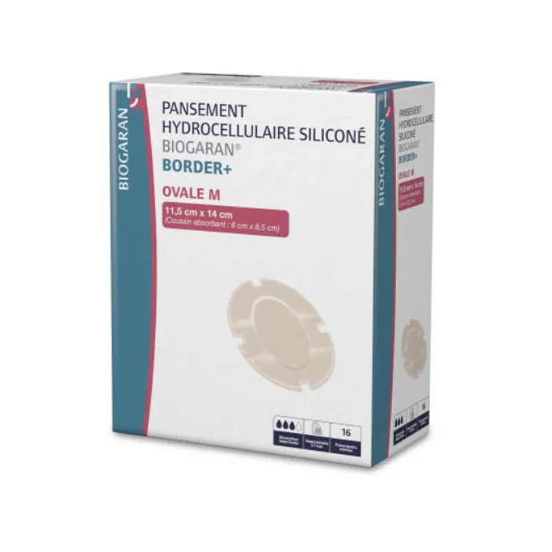 Biogaran Border+ Pansement Hydrocellulaire Siliconé Ovale M 11,5X14cm 16 pièces - Univers Pharmacie