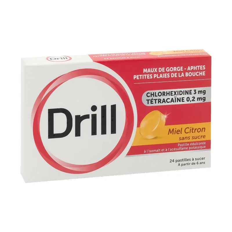 Drill Maux de Gorge Miel Citron Sans Sucre 24 pastilles - Univers Pharmacie