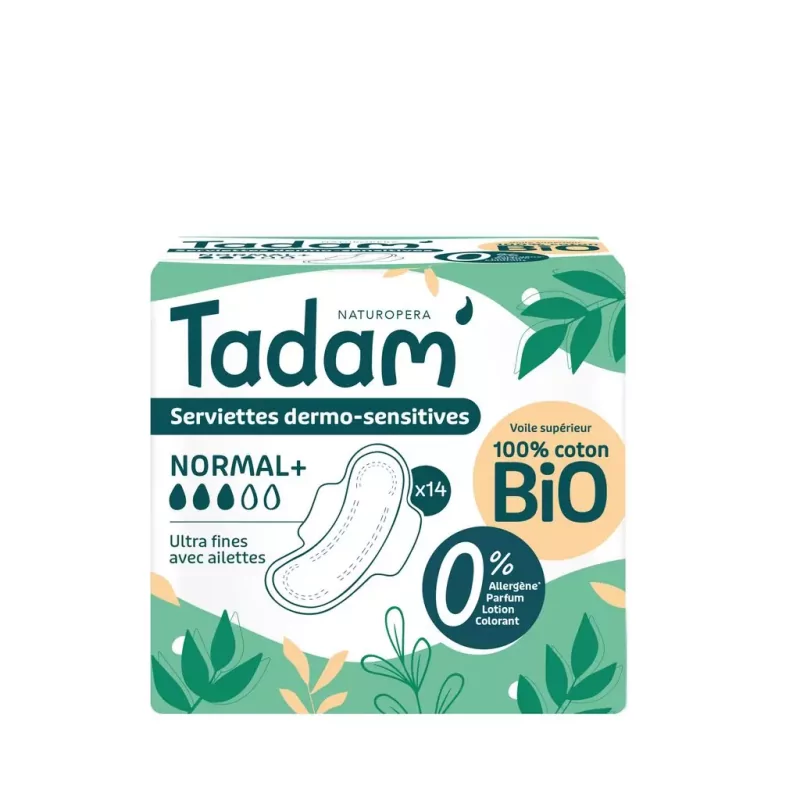 Tadam Serviettes Dermo-sensitives Normal+ Coton Bio X14 - Univers Pharmacie