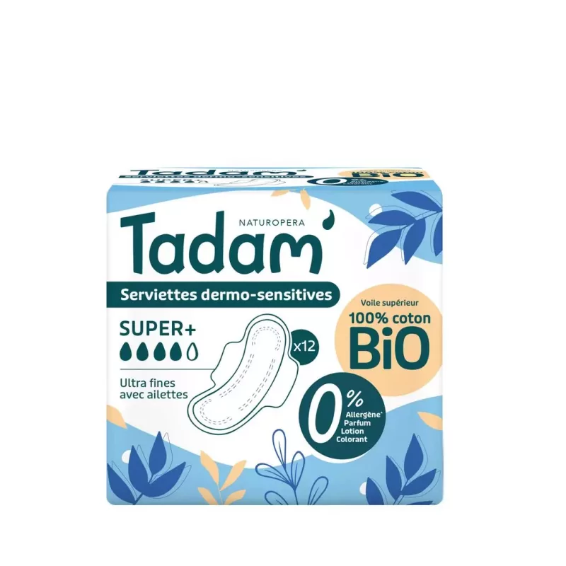 Tadam Serviettes Dermo-sensitives avec Ailettes Super+ Coton Bio X12