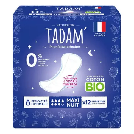 Tadam Serviettes Maxi Nuit Fuites Urinaires Coton Bio X12 - Univers Pharmacie