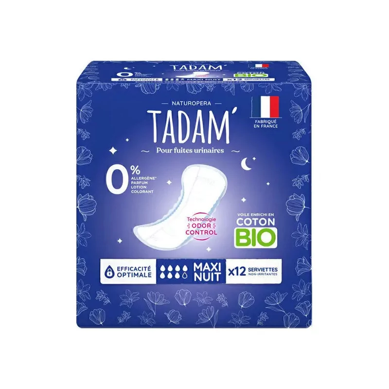 Tadam Serviettes Maxi Nuit Fuites Urinaires Coton Bio X12 - Univers Pharmacie