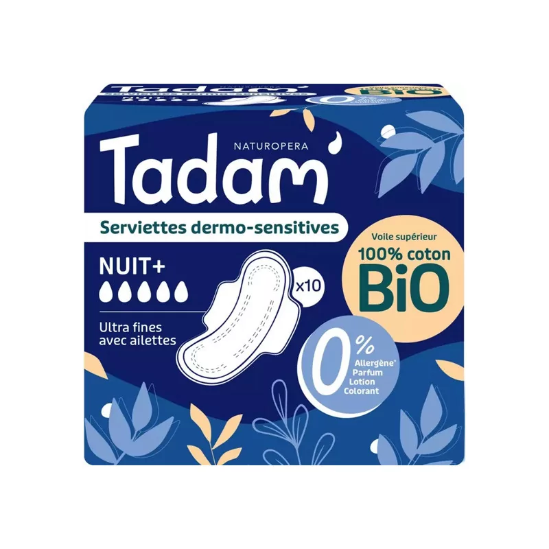 Tadam Serviettes Dermo-sensitives avec Ailettes Nuit+ Coton Bio X10 - Univers Pharmacie