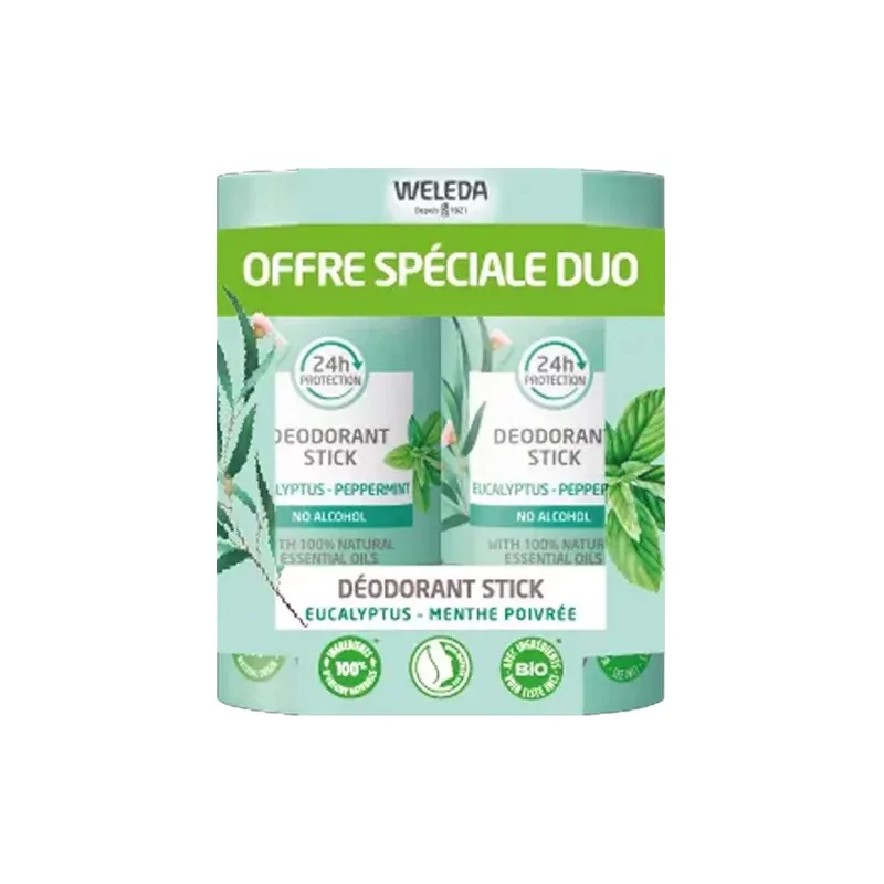 Weleda Déodorant Stick Bio Eucalyptus Menthe Poivrée 2X50g - Univers Pharmacie