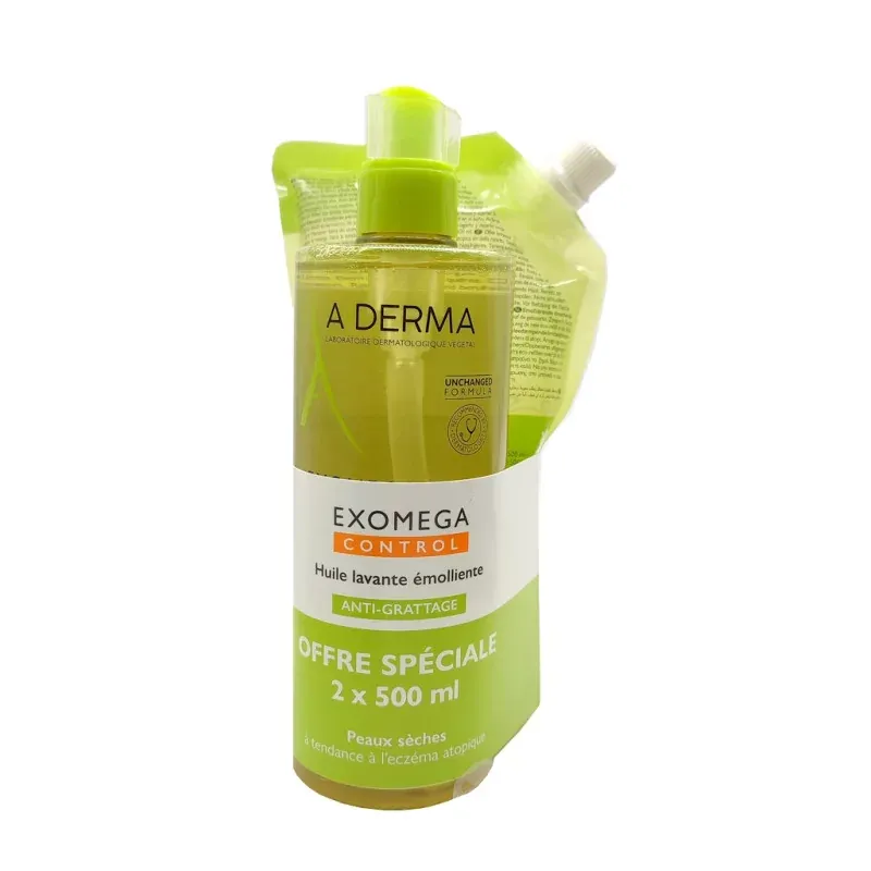 A-Derma Exomega Control Huile Lavante Emolliente Flacon+Recharge 2X500ml - Univers Pharmacie