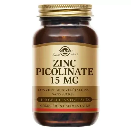 Solgar Zinc Picolinate 15mg 100 gélules végétales - Univers Pharmacie