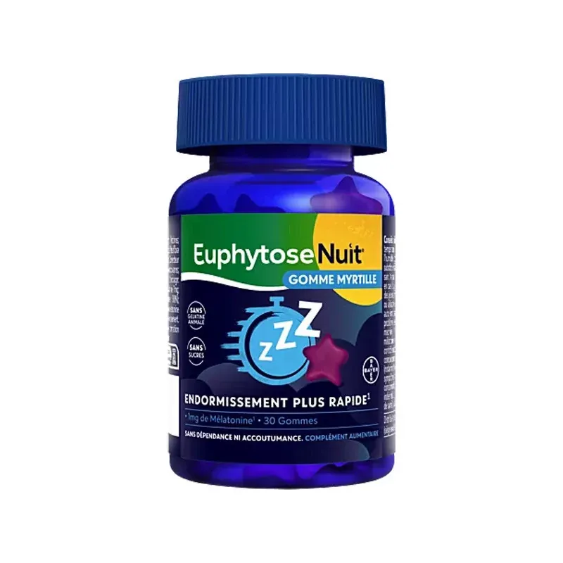 Euphytose Nuit 1mg de Mélatonine Myrtille 30 gommes - Univers Pharmacie Euphytose Nuit 1mg de Mélatonine Myrtille 30 gommes - Univers Pharmacie