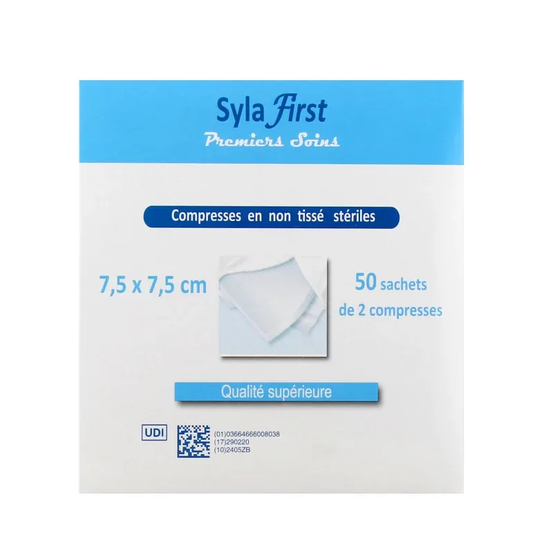 SylaFirst Compresses en Non Tissé Stériles 7,5X7,5cm 50X2 - Univers Pharmacie
