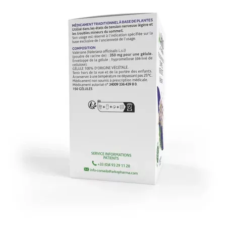 Arkopharma Arkogélules Valériane 150 gélules boite de côté Arkopharma Arkogélules Valériane 150 gélules boite de côté