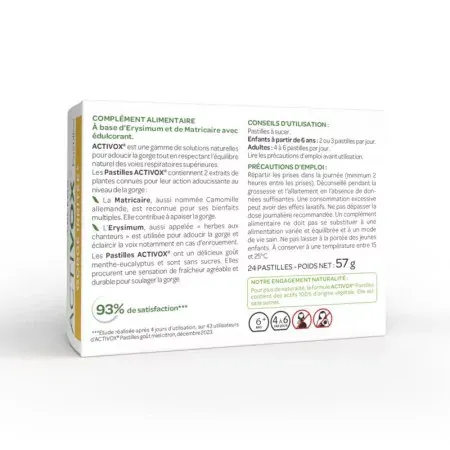 Arkopharma Activox Gorge Irritée Menthe Eucalyptus 24 pastilles - dos