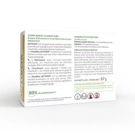 Arkopharma Activox Gorge Irritée Menthe Eucalyptus 24 pastilles - dos Arkopharma Activox Gorge Irritée Menthe Eucalyptus 24 pastilles - dos