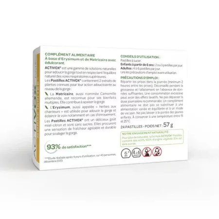 Arkopharma Activox Gorge Irritée Miel Citron 24 pastilles - dos