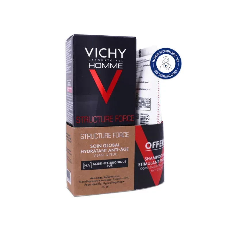 Vichy Homme Structure Force Soin Global Hydratant Anti-âge 50ml + Dercos Shampooing Stimulant Energy+ Offert 50ml