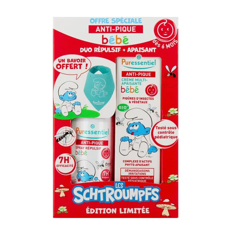 Puressentiel Anti-pique Les Schtroumpfs Édition Limité Bébé Duo Répulsif 60ml + Apaisant 30ml - Univers Pharmacie