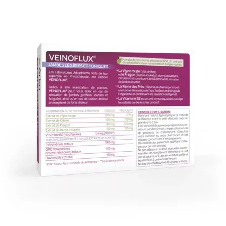 Arkopharma Veinoflux Jambes Légères 2 mois 30 gélules - dos