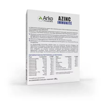 Arkopharma Azinc Immunité 30 comprimés - dos