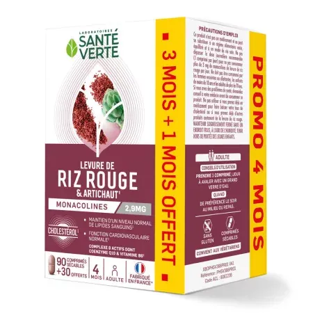 Santé Verte Levure de Riz Rouge et Artichaut Cholestérol 90+30 comprimés - Univers Pharmacie