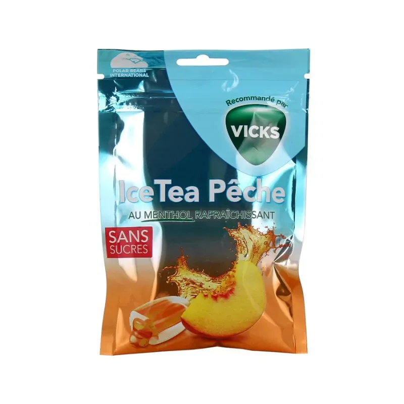 Vicks IceTea Pêche Menthol Sans Sucres Pastilles 72g - Univers Pharmacie
