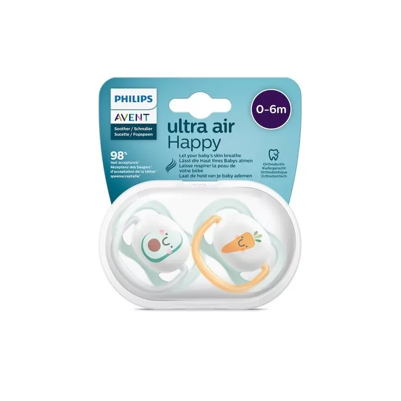 Philips Avent Ultra Air Happy Sucette 0-6m Fruits Légumes X2 - Univers Pharmacie Philips Avent Ultra Air Happy Sucette 0-6m Fruits Légumes X2 - Univers Pharmacie