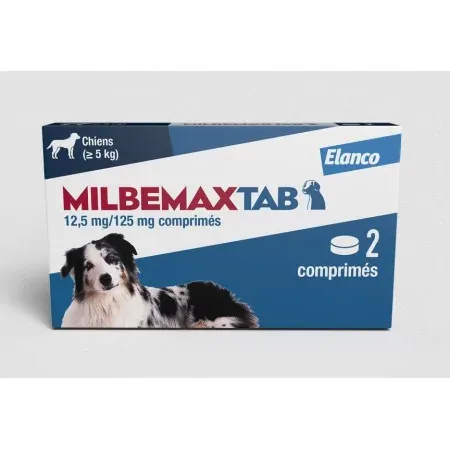 ﻿Milbemaxtab Vermifuge Chiens +5 kg 12,5mg/125mg 2 comprimés - Univers Pharmacie
