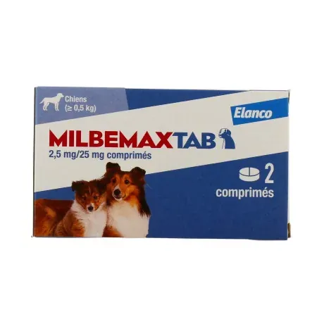 ﻿Milbemaxtab Vermifuge Chiens 0,5-10kg 2,5mg/25mg 2 comprimés - Univers Pharmacie