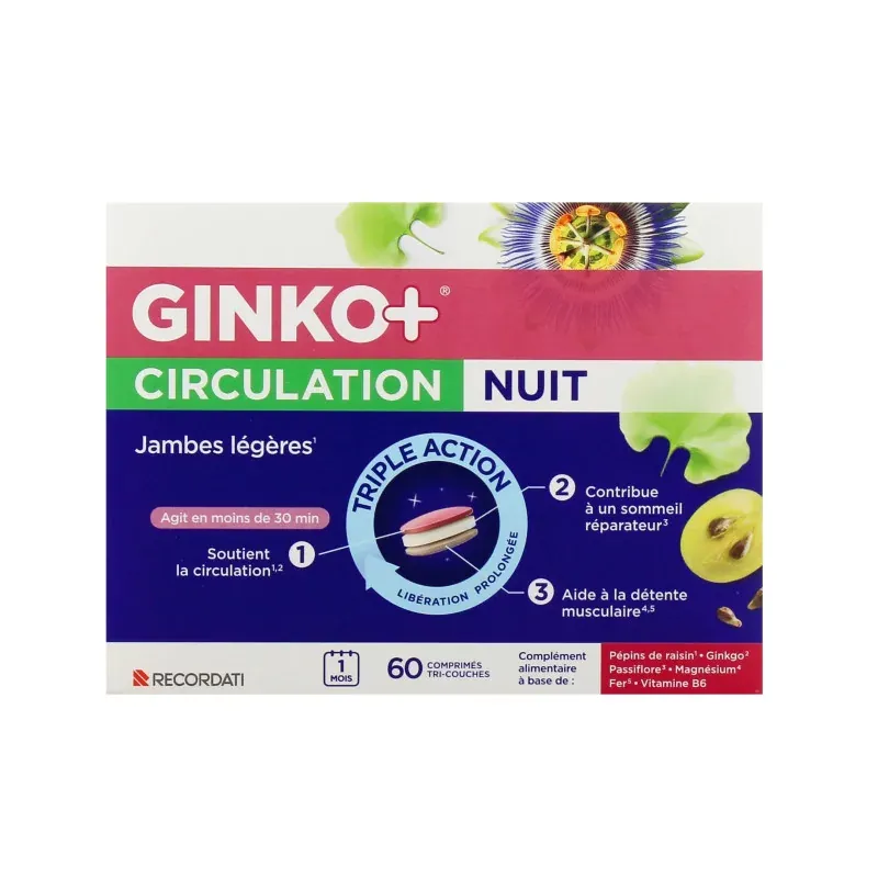 Ginko+ Circulation Nuit 60 comprimés tri-couches - Univers Pharmacie