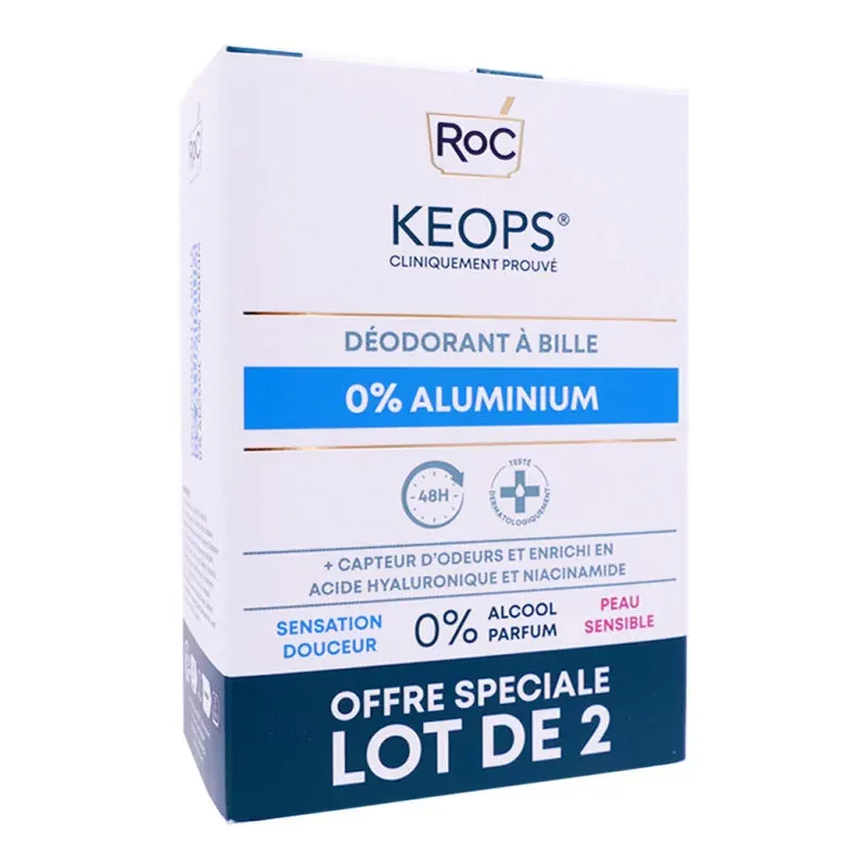 Roc Keops Déodorant à Bille 0% d'aluminium 2X30ml - Univers Pharmacie