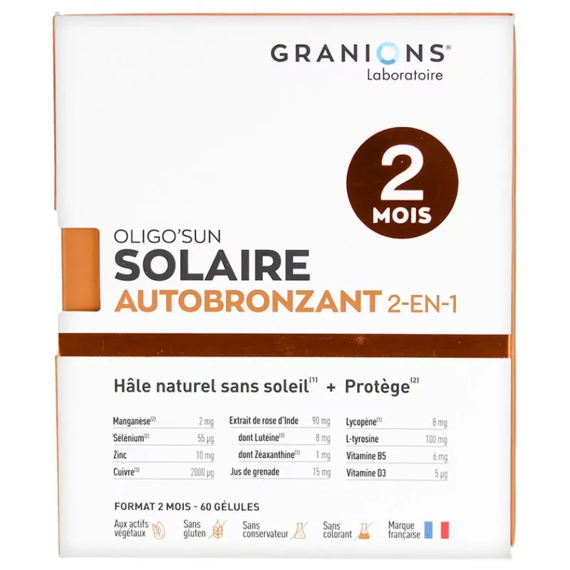 Granions Oligo'Sun Solaire Autobronzant 2-en-1 60 gélules - Univers Pharmacie Granions Oligo'Sun Solaire Autobronzant 2-en-1 60 gélules - Univers Pharmacie