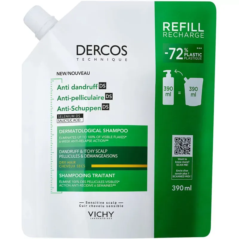 Dercos Anti-pelliculaire DS Shampooing Traitant Cheveux Secs Recharge 390ml - Univers Pharmacie