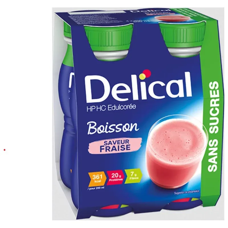 Delical HP HC Edulcorée Boisson Saveur Fraise Sans Sucres 4X200ml - Univers Pharmacie Delical HP HC Edulcorée Boisson Saveur Fraise Sans Sucres 4X200ml - Univers Pharmacie