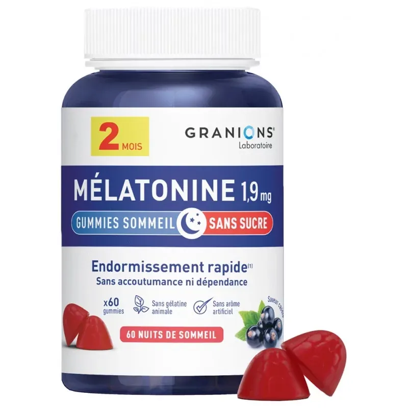 Granions Mélatonine 1,9mg Saveur Cassis Sans Sucre 60 gummies - Univers Pharmacie