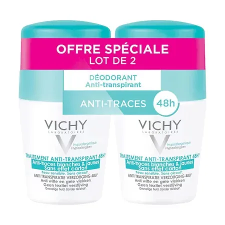 Vichy Déodorant Roll-on Traitement Anti-transpirant Anti-traces 48h 2X50ml - Univers Pharmacie