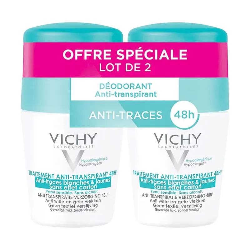 Vichy Déodorant Roll-on Traitement Anti-transpirant Anti-traces 48h 2X50ml - Univers Pharmacie