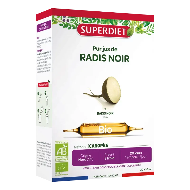 Superdiet Pur Jus de Radis Noir Bio 20X10ml - Univers Pharmacie Superdiet Pur Jus de Radis Noir Bio 20X10ml - Univers Pharmacie