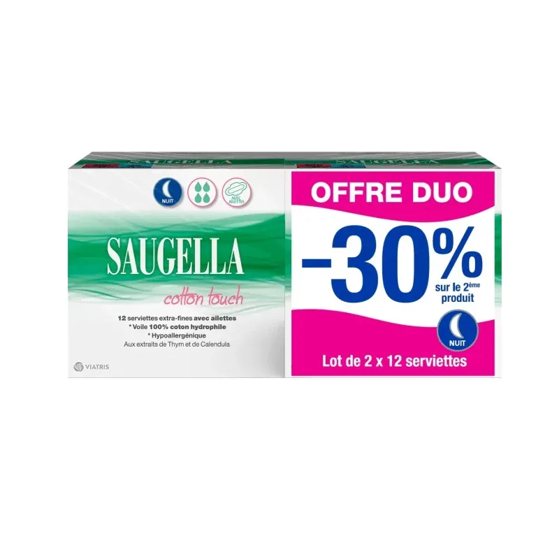 Saugella Cotton Touch Serviettes Extra-fines Nuit 2X12 - Univers Pharmacie