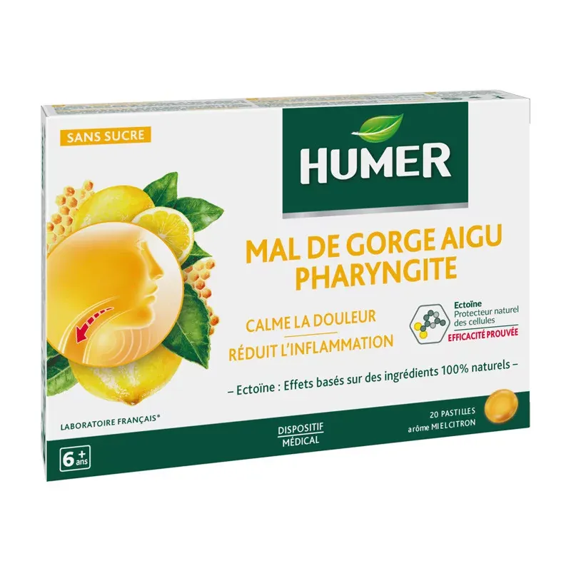 Humer Mal de Gorge Aigu Pharyngite Miel Citron 20 pastilles - Univers Pharmacie