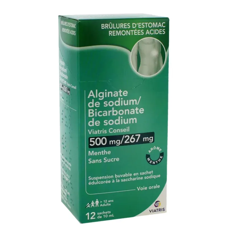 Viatris Alginate de Sodium/Bicarbonate de Sodium 500mg/267mg Arôme Menthe sans sucre 12 sachets - Univers Pharmacie Viatris Alginate de Sodium/Bicarbonate de Sodium 500mg/267mg Arôme Menthe sans sucre 12 sachets - Univers Pharmacie