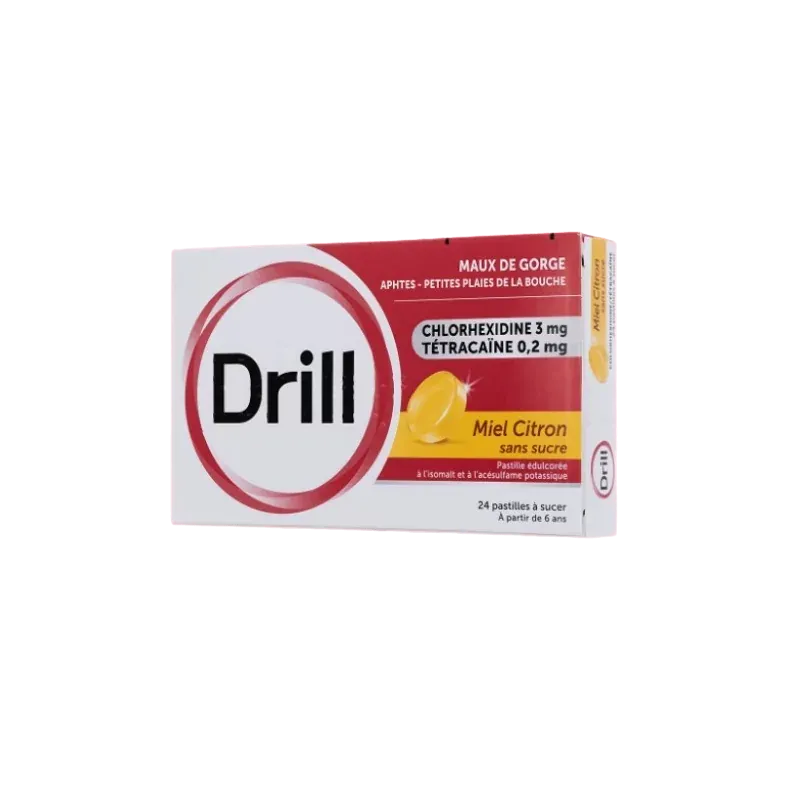 Drill Maux de Gorge Miel Citron Sans Sucre 36 pastilles - Univers Pharmacie Drill Maux de Gorge Miel Citron Sans Sucre 36 pastilles - Univers Pharmacie